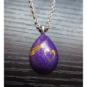 1" Long Purple Glitter Teardrop Pendant With Gold Heart On 18" Silver Tone Chain